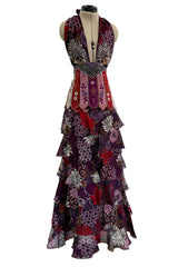 Prettiest Fall 2006 Original Mr. Valentino Purple Print Ruffled Skirt & Plunging Halter Top Dress Set