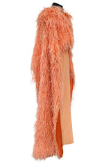 Documented 1960s Tiziani Couture by Karl Lagerfeld Peach Silk Plunge Dress w Matching Feather Cape