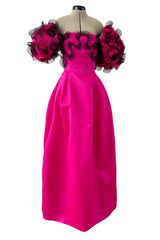 Book Documented Spring 1988 Bill Blass Bright Pink Silk & Black Net Ruffle Dress w Pouf Sleeves