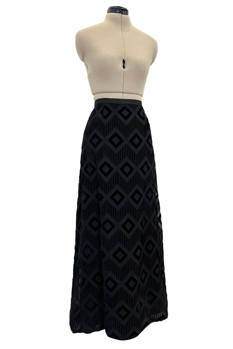 Prettiest 1960s Pierre Balmain Full Length Fused Velvet in Black Silk Geometric Pattern Skirt