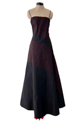 Exquisite Fall 1978 Stavropoulos Bias Cut Black Silk Dress w Red Striped Pattern & Red Underskirt