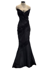 Outstanding 2000s Richard Tyler Black Silk Dress w Gathered Inserts & Scooped Open Back