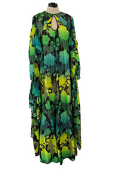 Magical 1970s Jean Varon Green Printed Dress w Elaborate Ruffled Sleeves