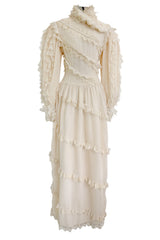 Incredibly Rare Fall 1979 Chloe by Karl Lagerfeld Couture Runway Ivory Chiffon & Lace Dress w pearl Details