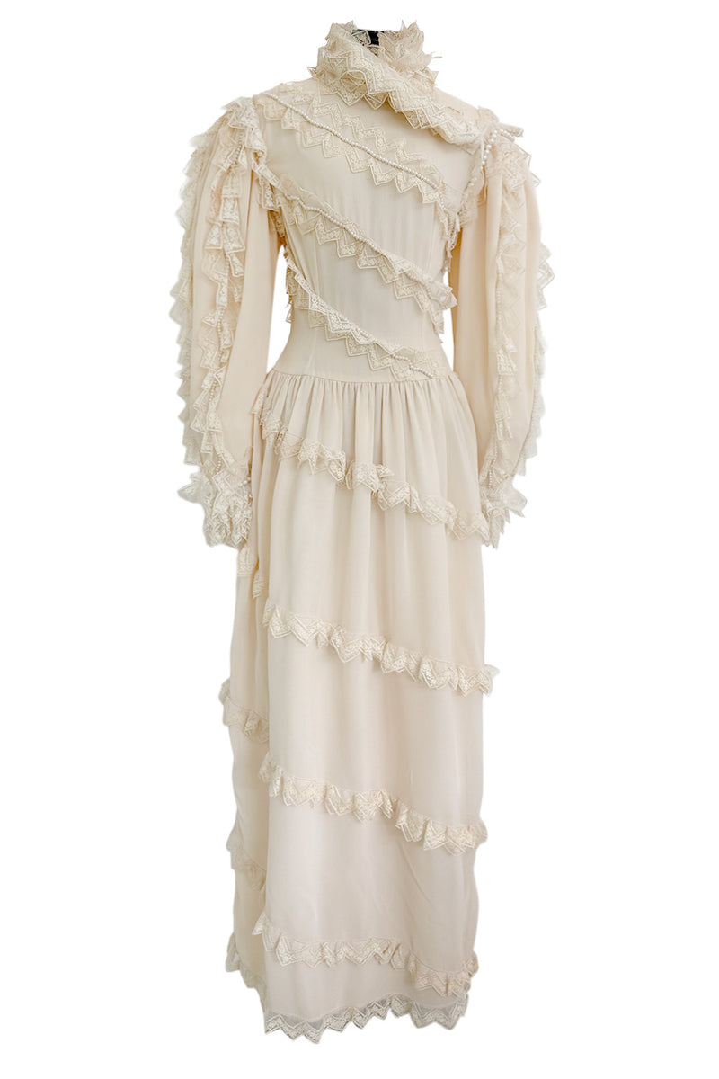 Incredibly Rare Fall 1979 Chloe by Karl Lagerfeld Couture Runway Ivory Chiffon & Lace Dress w pearl Details