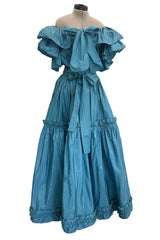 Spectacular 1970s Yves Saint Laurent Deep Turquoise Blue Silk Off Shoulder Fuffled Top & Matching Skirt Set
