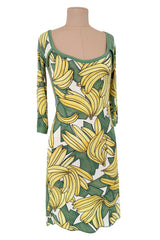 Iconic Spring 2004 Chloe by Phoebe Philo Runway Look 18 Banana Print Dress Side Cuts Outs