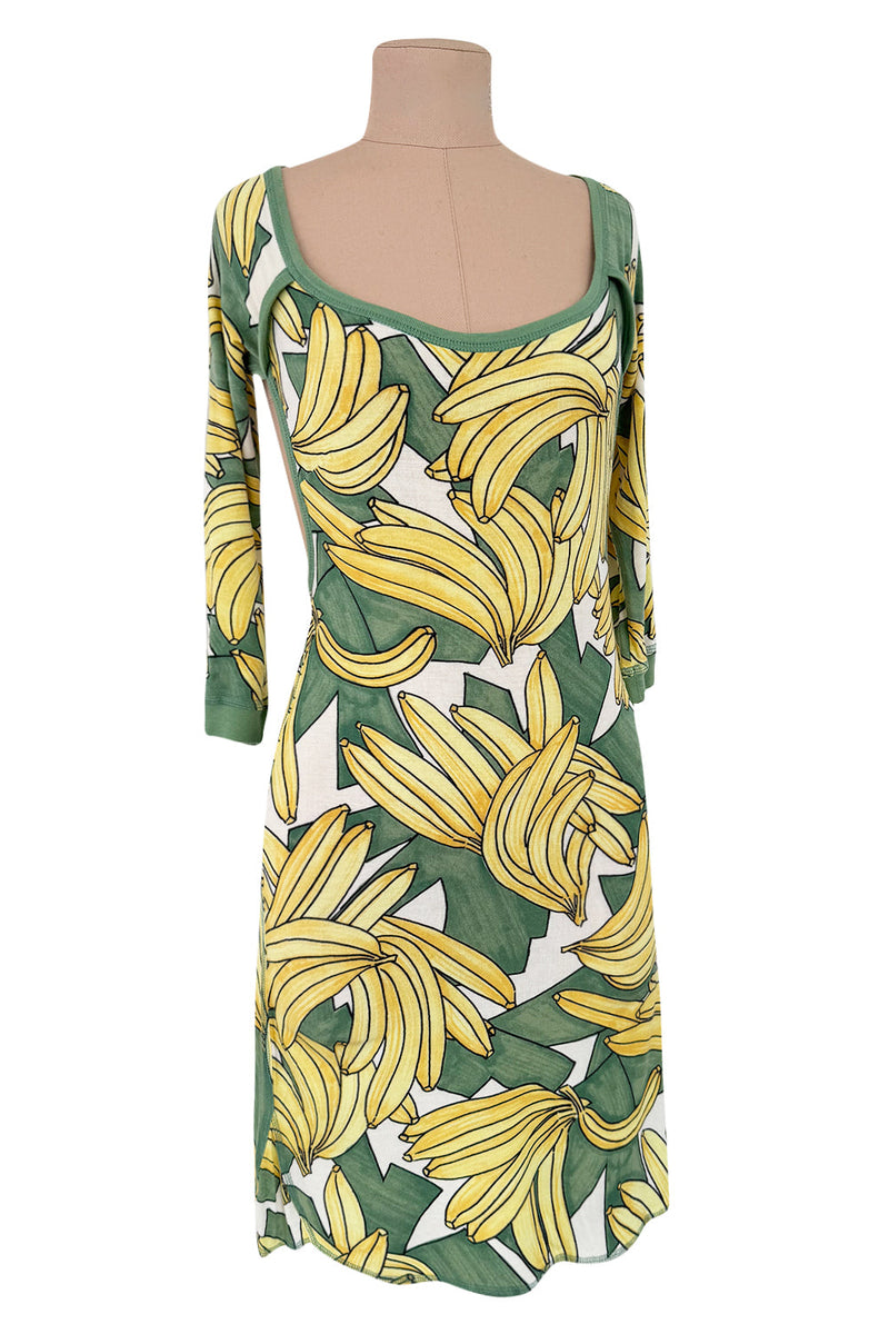 Iconic Spring 2004 Chloe by Phoebe Philo Runway Look 18 Banana Print Dress Side Cuts Outs