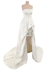 2010-2011 Alexander McQueen Strapless Ivory Silk Dress w Hand Embroidered Flowers & Train