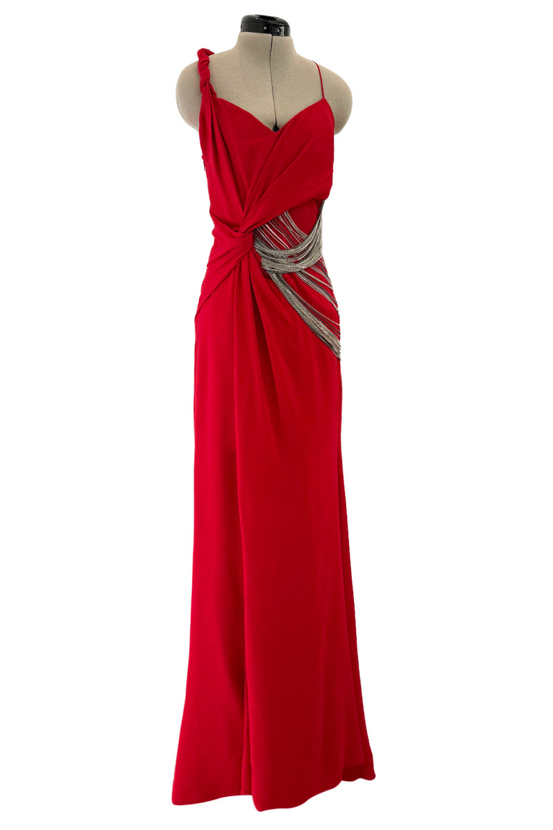 Fabulous 2000s Versace by Donatella Red Crepe Dress w Rhinestone & Sil Shrimpton Couture Fabulous 2000s Versace by Donatella Red Crepe Dress w Rhinestone & Sil Shrimpton Couture