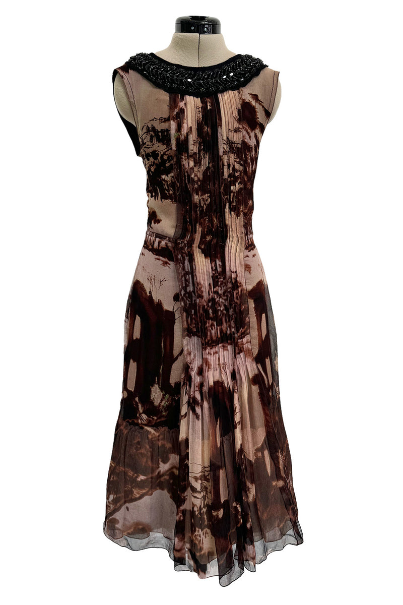 Prettiest Fall 2004 Prada Runway & Ad Campaign Print Silk Chiffon Dress w Beaded Detailing