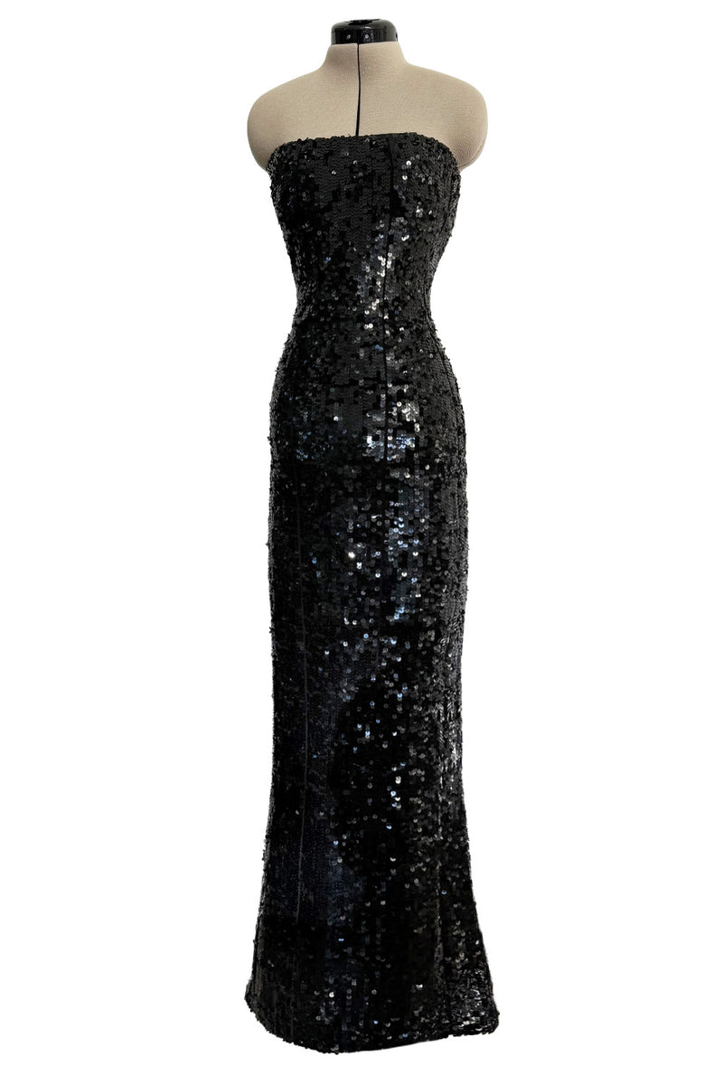 Fantastic 1980s Bob Mackie Strapless Glossy Black Sequin Stretch Dress w Back Kick Skirt