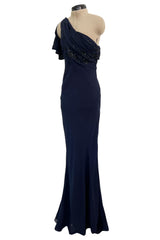 Spring 2008 Christian Dior by John Galliano Deep Blue Silk Chiffon One Shoulder Dress w Beading