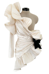 Rare 1980s Pierre Cardin Haute Couture Ivory Silk One Sleeve Ruffle Top w Black Silk Bow