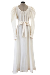 Amazing 1970s Yves Saint Laurent Silk Ivory Full Tent Dress w Belt, Ruffled Edges & Full Sleeves