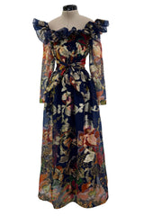 Prettiest 1960s Oscar de la Renta Metallic Thread Detailed Silk Organza Printed Off Shoulder Dress