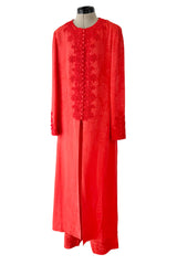 1970s Oscar de la Renta Coral Orange Wide Leg Pant & Long Caftan Tunic Set w Silk Cord Detailing