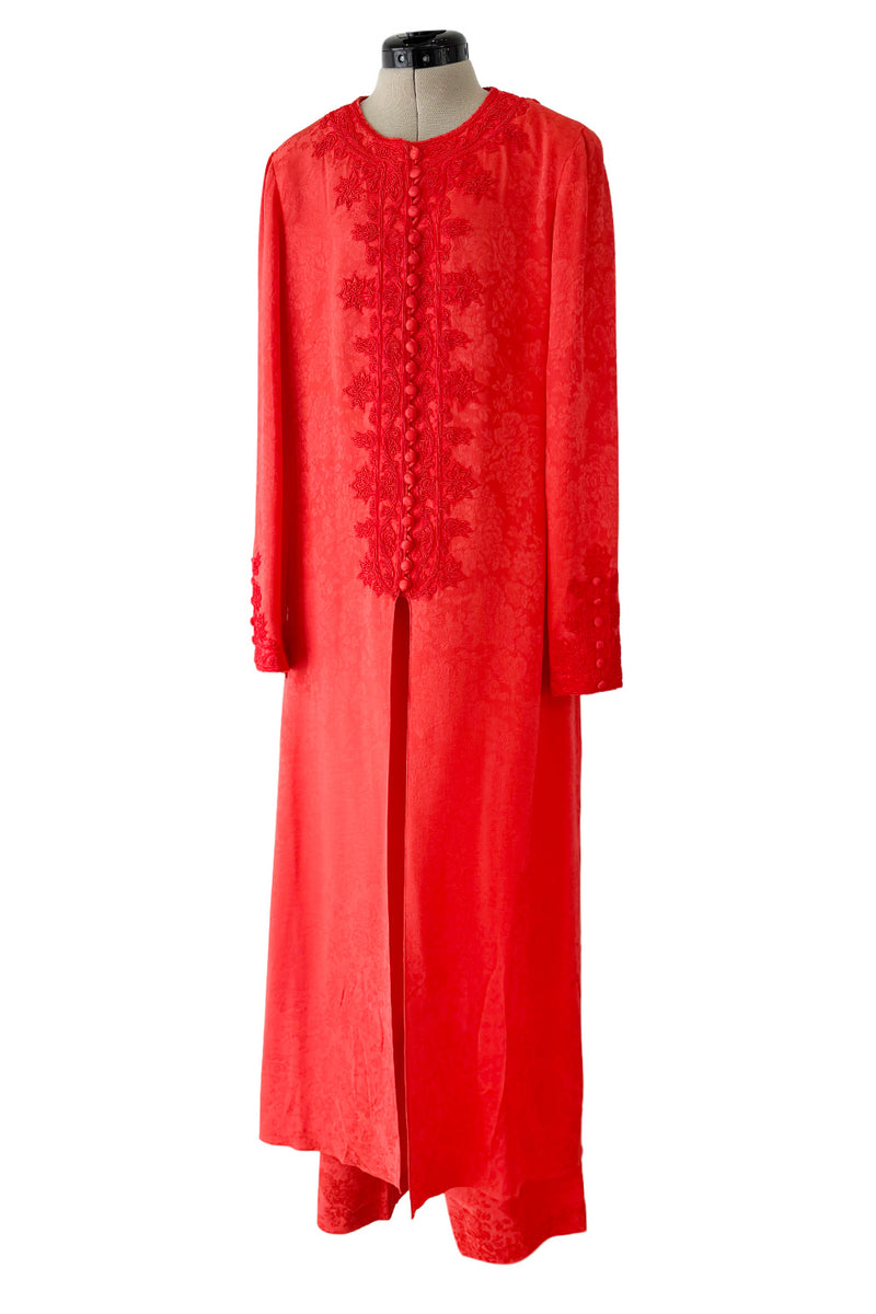 1970s Oscar de la Renta Coral Orange Wide Leg Pant & Long Caftan Tunic Set w Silk Cord Detailing