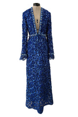 Documented 1970 Oscar de la Renta Brilliant Blue Sequin & Rhinestone Plunge Dress