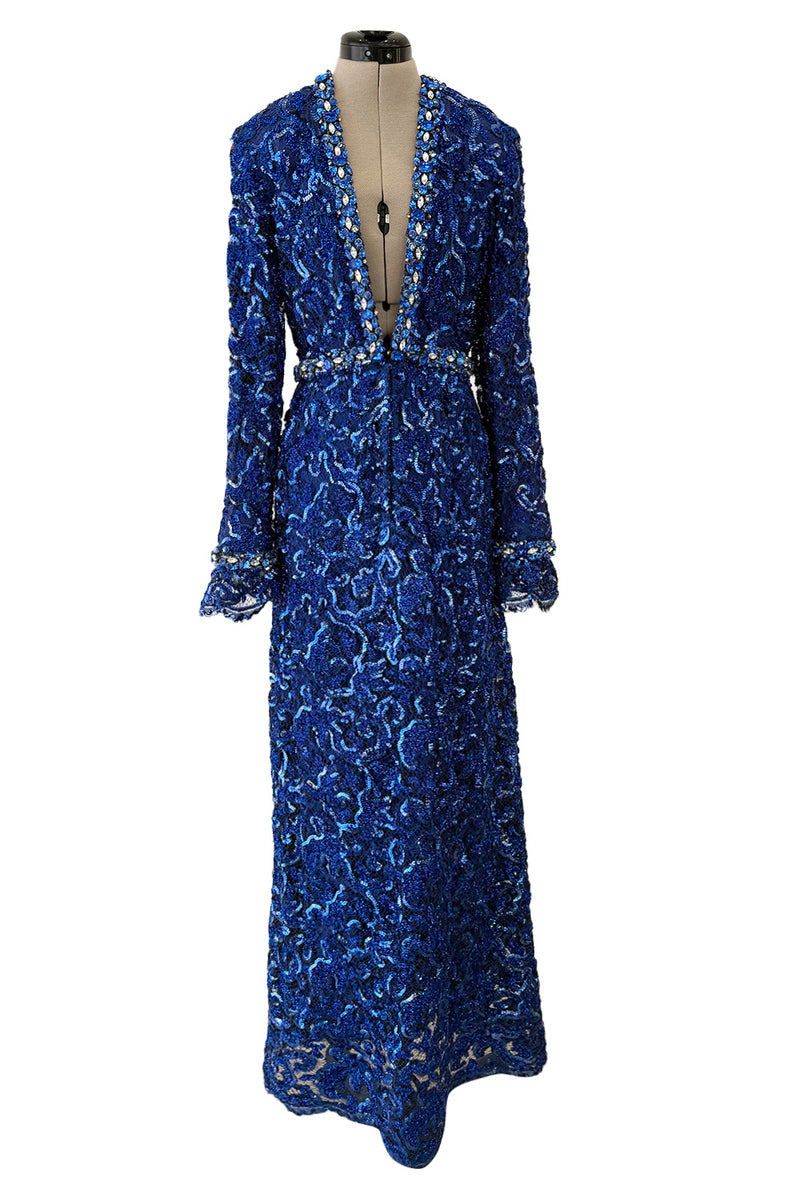 Documented 1970 Oscar de la Renta Brilliant Blue Sequin & Rhinestone Plunge Dress