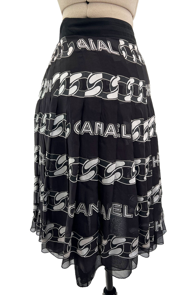 Documented Fall 2001 Chanel by Karl Lagerfeld Runway Black & White Silk Logo Skirt