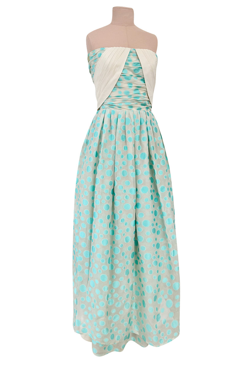 Dreamy Late 1960s Andre Laug Roma Alta Moda Couture Pale Turquoise Applied Dot Strapless Dress