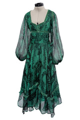 Well Documented Spring 1970 Unlabeled Thea Porter Green Butterfly Print Silk Chiffon Dress