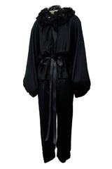 Fabulous 1970s Valentino Black Silk Cropped Pants & Black Silk Top Set w Gold Detailed Ruffled Collar