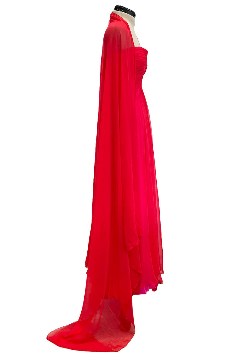 Beautiful Spring 1989 Bob Mackie Runway Red Silk Chiffon Dress & Cape w Inner Pink Layer