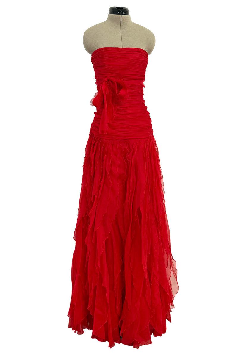 red valentino chiffon dress a valentino spring summer 2007 red silk chiffon gown with subtle train, pleated bodice with cut out details at the sides, chiffon straps that can be worn a myriad of ways (two ways shown here)