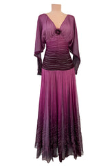 Rare 1970s Bill Gibb Deep Pink Ombre Hand Dyed Silk Chiffon Dress w Fused Glitter Detailing