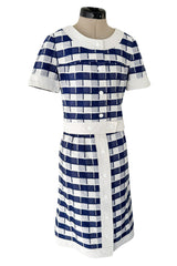 Cutest 1970s Andre Courreges Paris Numbered Hyperbole Blue & White Check Skirt & Jacket Suit Set