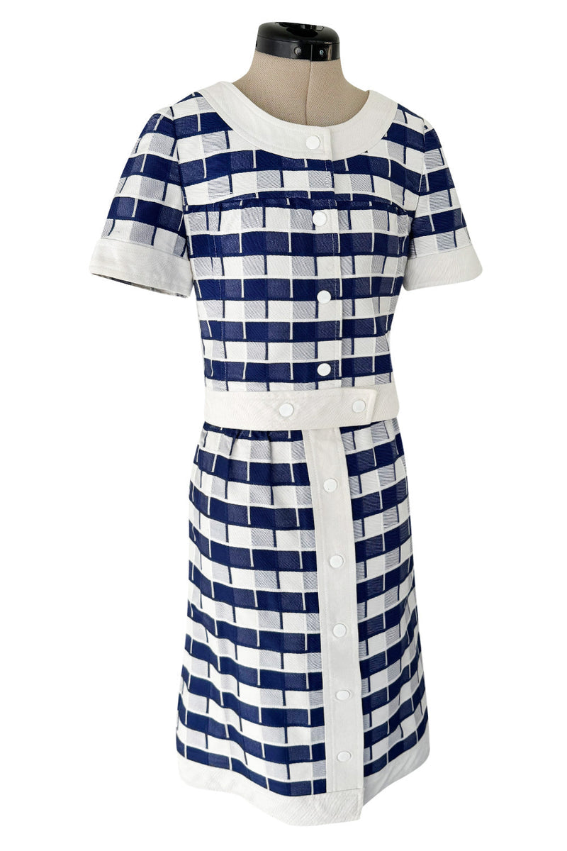 Cutest 1970s Andre Courreges Paris Numbered Hyperbole Blue & White Check Skirt & Jacket Suit Set