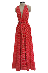 Chic & Minimalist Resort 1974 Halston Vogue Documented Red & White Striped Cotton Plunge Dress Dress