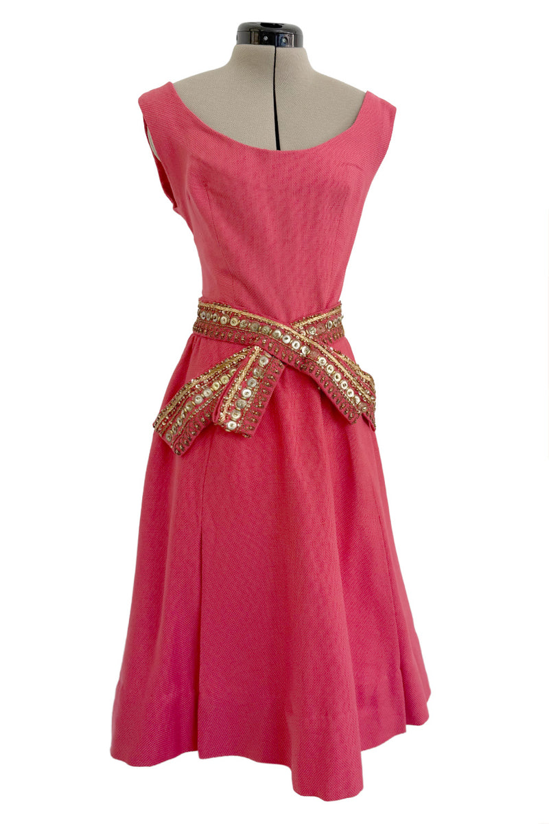 1950s Unlabeled Lanvin-Castillo Couture Elaborate Gold Beaded Pink Waffle Weave Top & Skirt