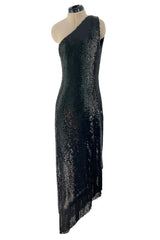 Museum Held 1974 Bill Blass One Shoulder Glossy Black Sequin Dress w Asymetrical Fringe Hem