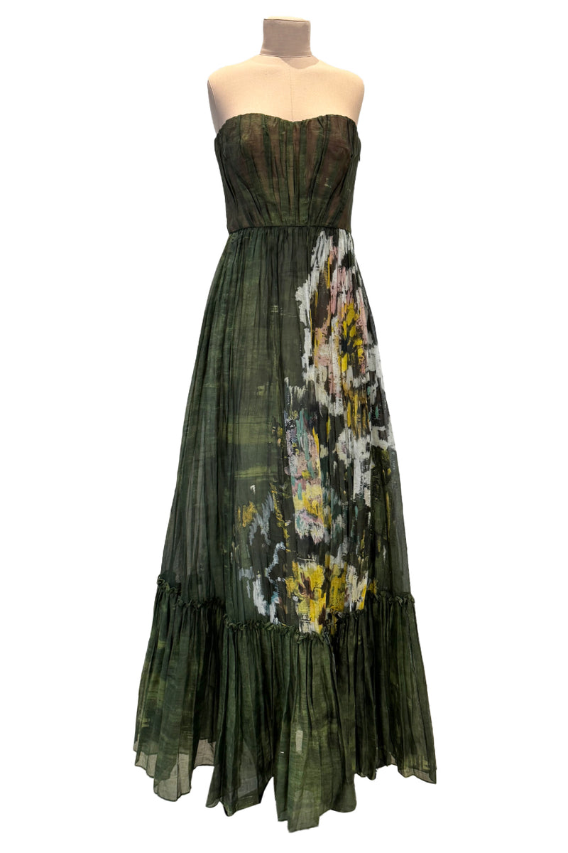 Magical Fall 2019 Valentino Strapless Pleated Green Cotton Dress w Painted Floral Detailing