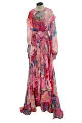 c. Resort 2020 Valentino by Pierpaolo Piccioli Ruffle Detailed Silk Chiffon Floral Caftan Dress w Tie Belt