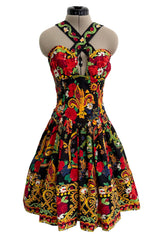 Spring 1992 Christian Lacroix Runway & Ad Campaign Printed Mini Dress w Lace Up Back & Full Skirt
