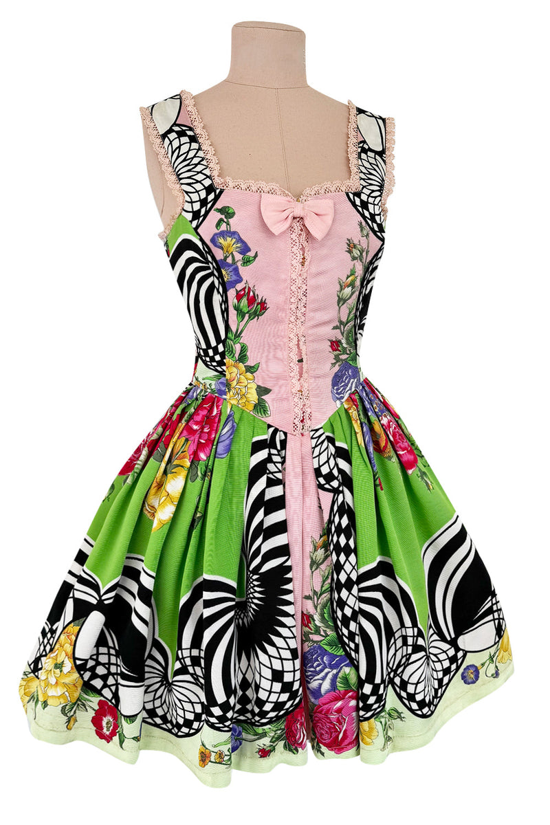 Dreamiest Spring 1992 Gianni Versace Versus Documented Pink Bow Detailed & Floral Print Dress
