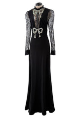 Prettiest 2017 Gucci by Alessandro Michele Black Dress w Lace Sleeves & Iridescent Crystal Bow Detailing