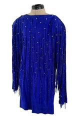 Rare 1980s Jan Faulkner Hand Made Blue Suede Mini Dress & Matching Belt