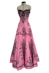Exceptional Spring 2004 Oscar de la Renta Runway Look 39 Strapless Pink Silk w Black Embroidery & Beads