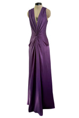 Minimalist Spring 2008 Alexander McQueen Purple Bias Cut Silk Dress w Front Plunge & Knot Detailing