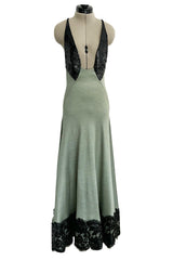 Incredible 1990s Geoffrey Beene Couture Dusty Green Jersey Plunge Dress w Sequins