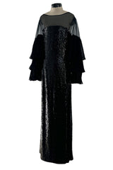 Beautiful 1980s Louis Feraud Glossy Black Sequin Silk Chiffon Dress w Tiered & Ruffled Sleeves
