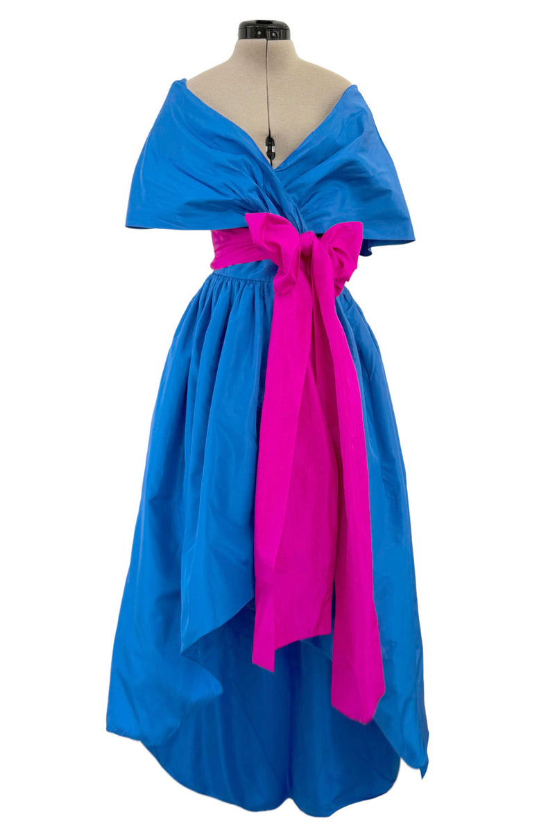 Prettiest 1980s Adele Simpson Blue Silk Plunge Wrap Dress w Brillaint   Shrimpton Couture