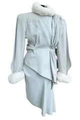 Ultra Rare Fall 1986 Thierry Mugler Ad / Runway Pale Ice Blue Suit w Faux Fur Cuffs & Collar