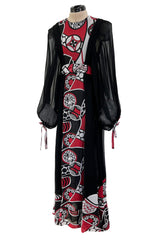 Extraordinary 1969 Thea Porter Black Silk Chiffon Dress w Red Print & Huge Balloon Sleeves