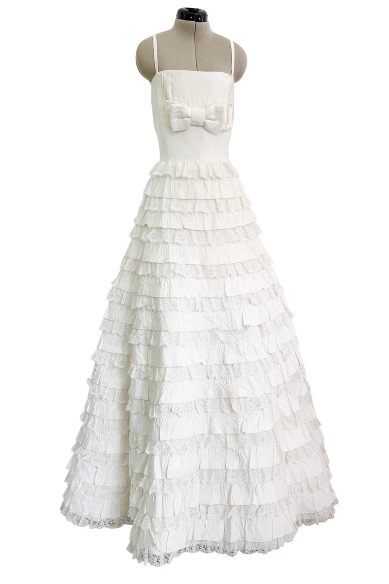 Dreamiest 2010s Valentino Off White Silk Wedding Dress w Tiered Ivory Lace & Ruffle Skirt